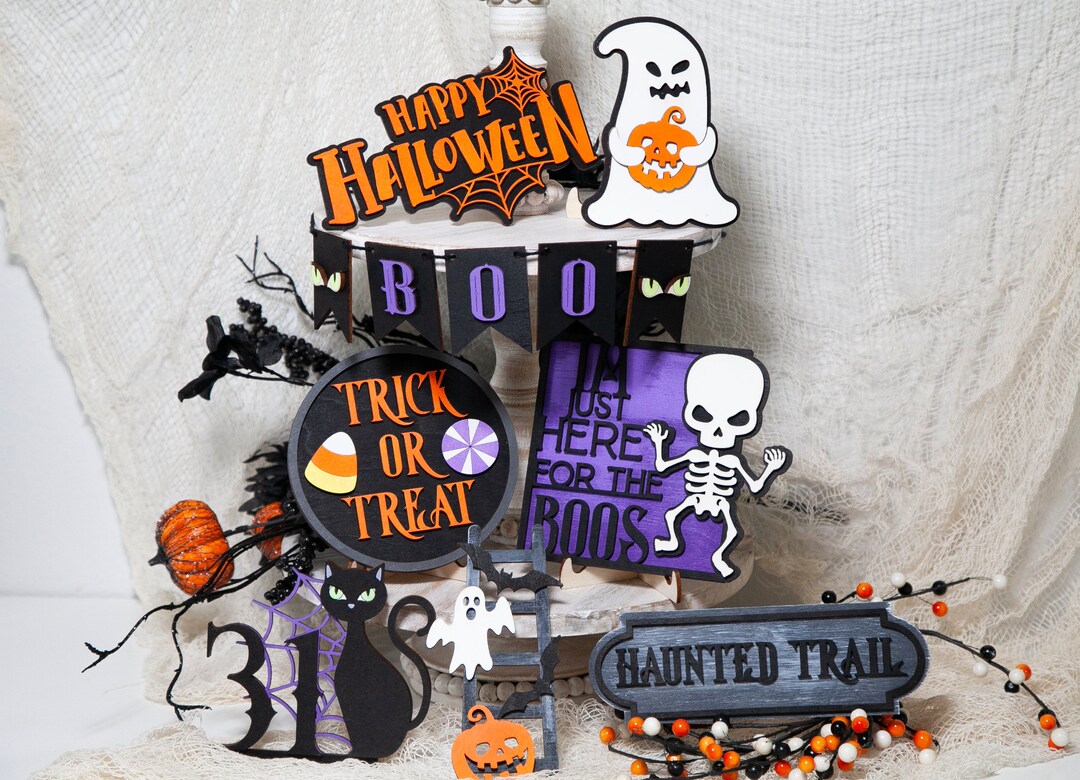 Halloween Tiered Tray Decor Halloween Wood Signs Set Trick - Etsy