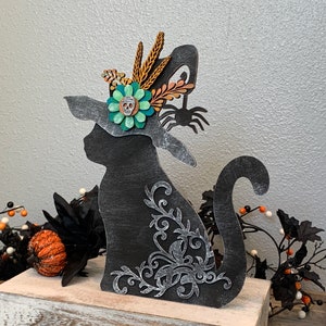 Black Cat Witch Hat Halloween Cat Witch Decor  Wood Standing Black Cat Hand Painted Wood Mantel Shelf Desert Table Decoration