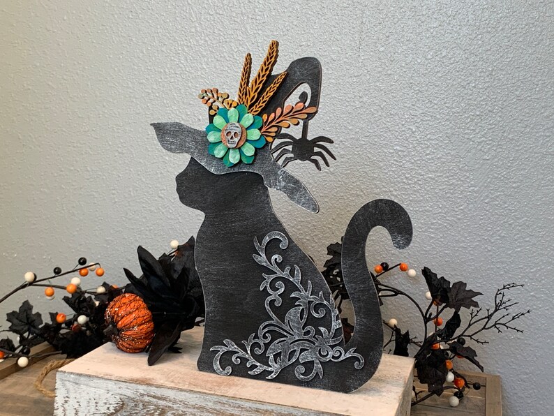 Black Cat Witch Hat Halloween Cat Witch Decor  Wood Standing Black Cat Hand Painted Wood Mantel Shelf Desert Table Decoration