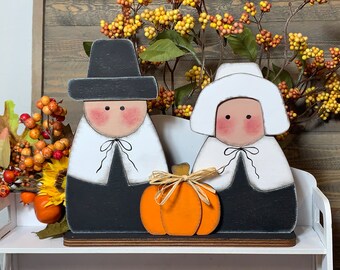 Standing Wood Pilgrims with pumpkin - Hand Painted Primitive Style Thanksgiving Decor, Slightly distressed