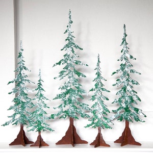 Hand-painted Winter Pine Trees - Decorative Freestanding Wood Trees for Christmas Mantel Decor