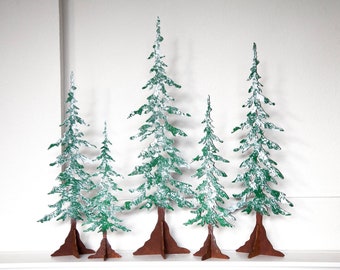 Hand-painted Winter Pine Trees - Decorative Freestanding Wood Trees for Christmas Mantel Decor