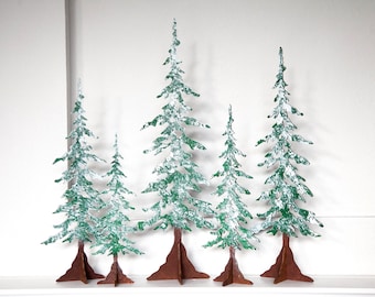Hand-painted Winter Pine Trees - Decorative Freestanding Wood Trees for Christmas Mantel Decor