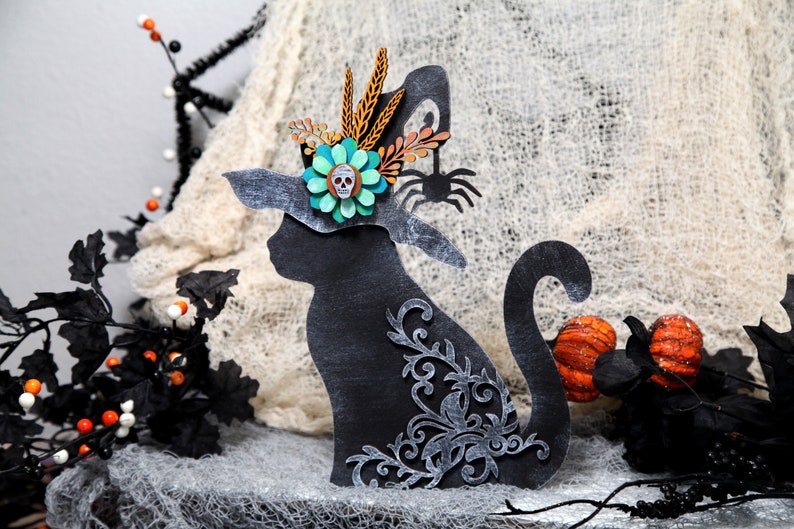 Black Cat Witch Hat Halloween Cat Witch Decor  Wood Standing Black Cat Hand Painted Wood Mantel Shelf Desert Table Decoration