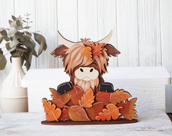 Handmade Highland Cow Shelf Sitter: Fall Leaves Decor
