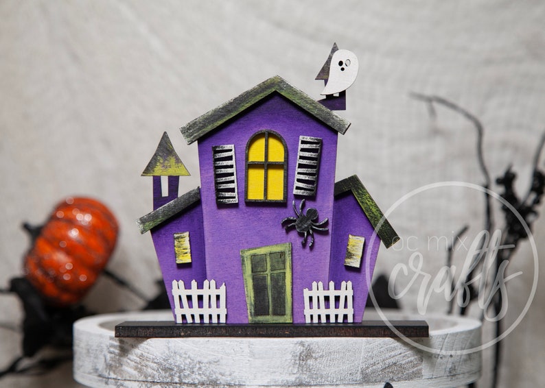 Standing Halloween Haunted House, Tiered Tray decor, Haunted House collection, Halloween 3D decor, Halloween set of standing haunted houses image 4