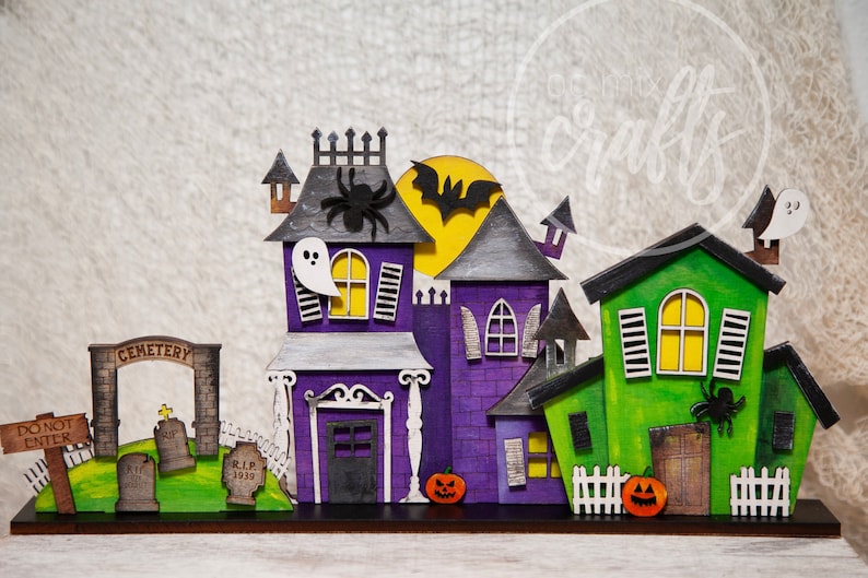 Standing Halloween Haunted House, Tiered Tray decor, Haunted House collection, Halloween 3D decor, Halloween set of standing haunted houses Set #2