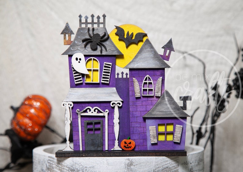 Standing Halloween Haunted House, Tiered Tray decor, Haunted House collection, Halloween 3D decor, Halloween set of standing haunted houses image 6