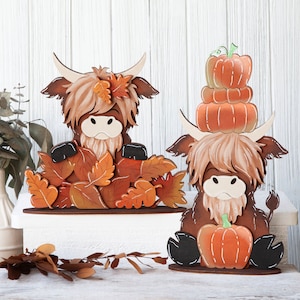 Handmade Highland Cow Shelf Sitter: Fall Leaves Decor