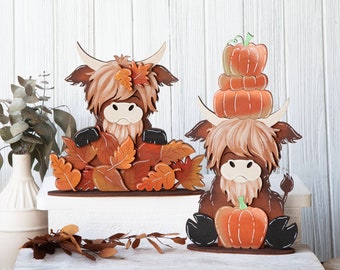 Handmade Highland Cow Shelf Sitter: Fall Leaves Decor