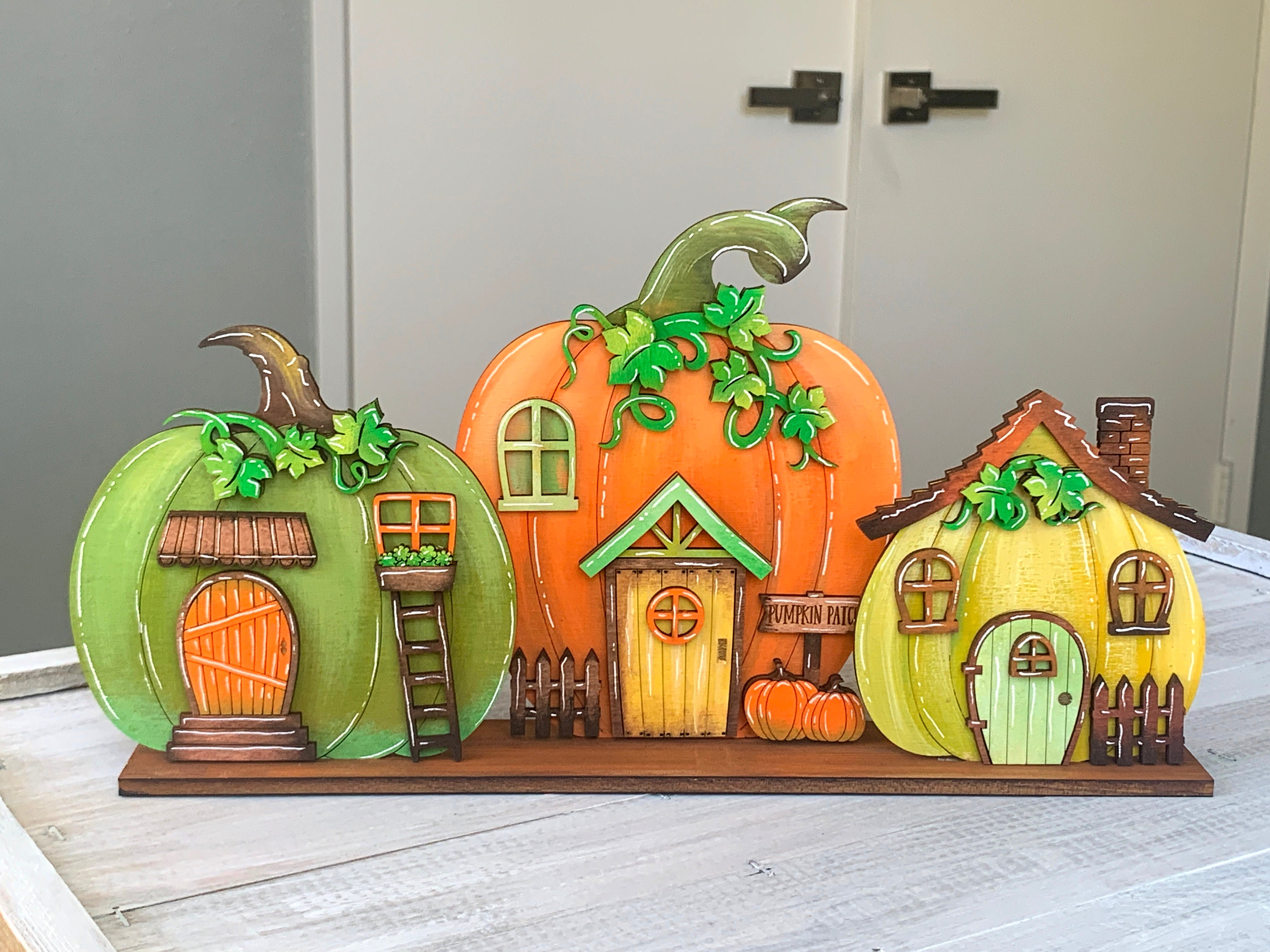 Whimsical Thanksgiving 3D Decor: Adorable Standing Pumpkin House Set