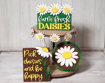 Daisies Tiered Tray Decor,  Fall Daisies Kitchen Decor, Festive Mantle Decor, Summer Mini Wood Signs, Fall Tiered Tray Bundle