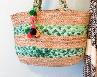 100/% Jute Hessian Braided shoulder Handbag with Removable Pom Pom Tassels