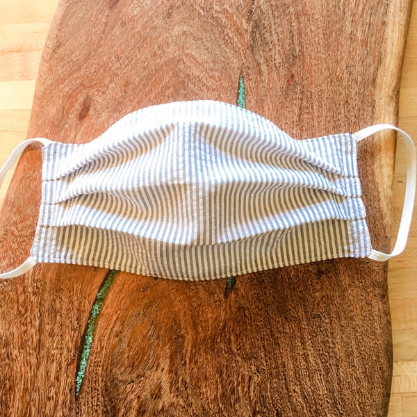 Seersucker Gray/Grey and White Mini Stripe Spring Summer Face Mask Facemask | Double Layer 100% Cotton Preppy Stripes