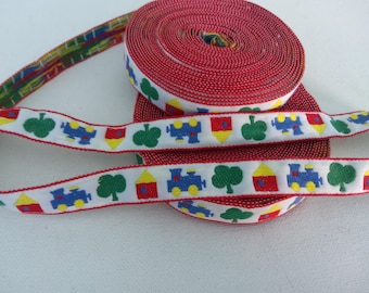 ribbon for kids, trim with house, tree, and engine