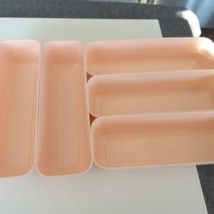 以下が含まれることがあります： 6つの明るいピーチ色の長方形プラスチック収納容器。3つは長く細く、3つは幅広です。容器は空で、白い表面に配置されています。