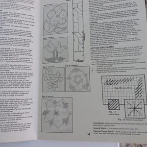 May include: A page from a needlepoint instruction book, featuring stitch diagrams and flower patterns. The diagrams show various stitch types, including Scotch and Smyrna Cross Stitch, with detailed instructions. The page is white with black text and illustrations.
