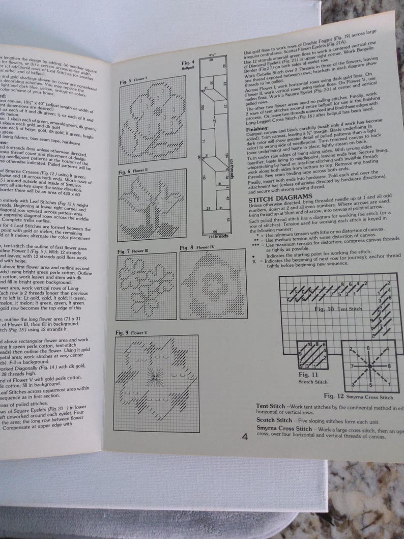 May include: A page from a needlepoint instruction book, featuring stitch diagrams and flower patterns. The diagrams show various stitch types, including Scotch and Smyrna Cross Stitch, with detailed instructions. The page is white with black text and illustrations.