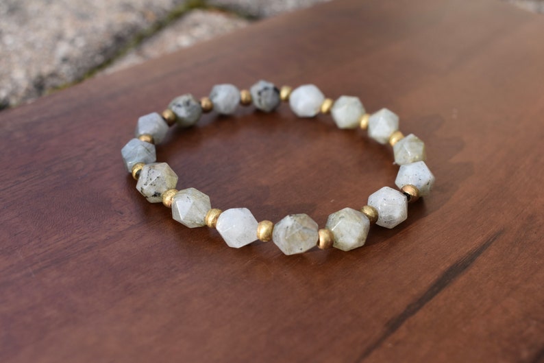 The Genevieve Set Gemstone Jewelry with Tassels /& Charms Layered Gemstone Stack Bracelets Gray Bohemian Bracelets for Everyday Green