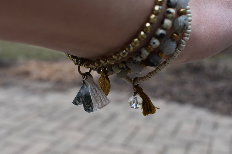 The Genevieve Set Gemstone Jewelry with Tassels /& Charms Layered Gemstone Stack Bracelets Gray Bohemian Bracelets for Everyday Green