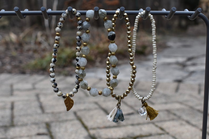 The Genevieve Set Gemstone Jewelry with Tassels /& Charms Layered Gemstone Stack Bracelets Gray Bohemian Bracelets for Everyday Green