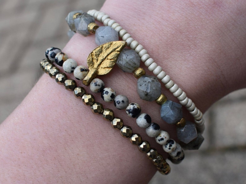 The Genevieve Set Gemstone Jewelry with Tassels /& Charms Layered Gemstone Stack Bracelets Gray Bohemian Bracelets for Everyday Green