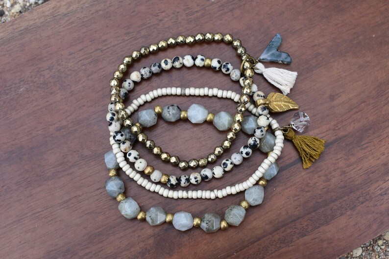 The Genevieve Set Gemstone Jewelry with Tassels /& Charms Layered Gemstone Stack Bracelets Gray Bohemian Bracelets for Everyday Green