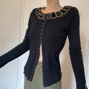 Stunning vintage Y2K hand beaded sequinned Anna Sui cardigan with lingerie inspired closure details