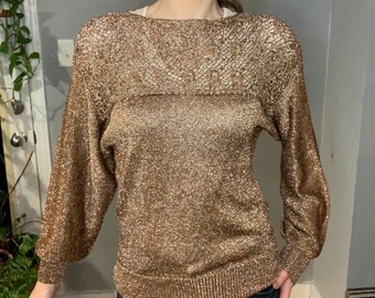 Amazing pale bronze truevintage 1980s metallic lightweight knit jumper in mint condition S / M