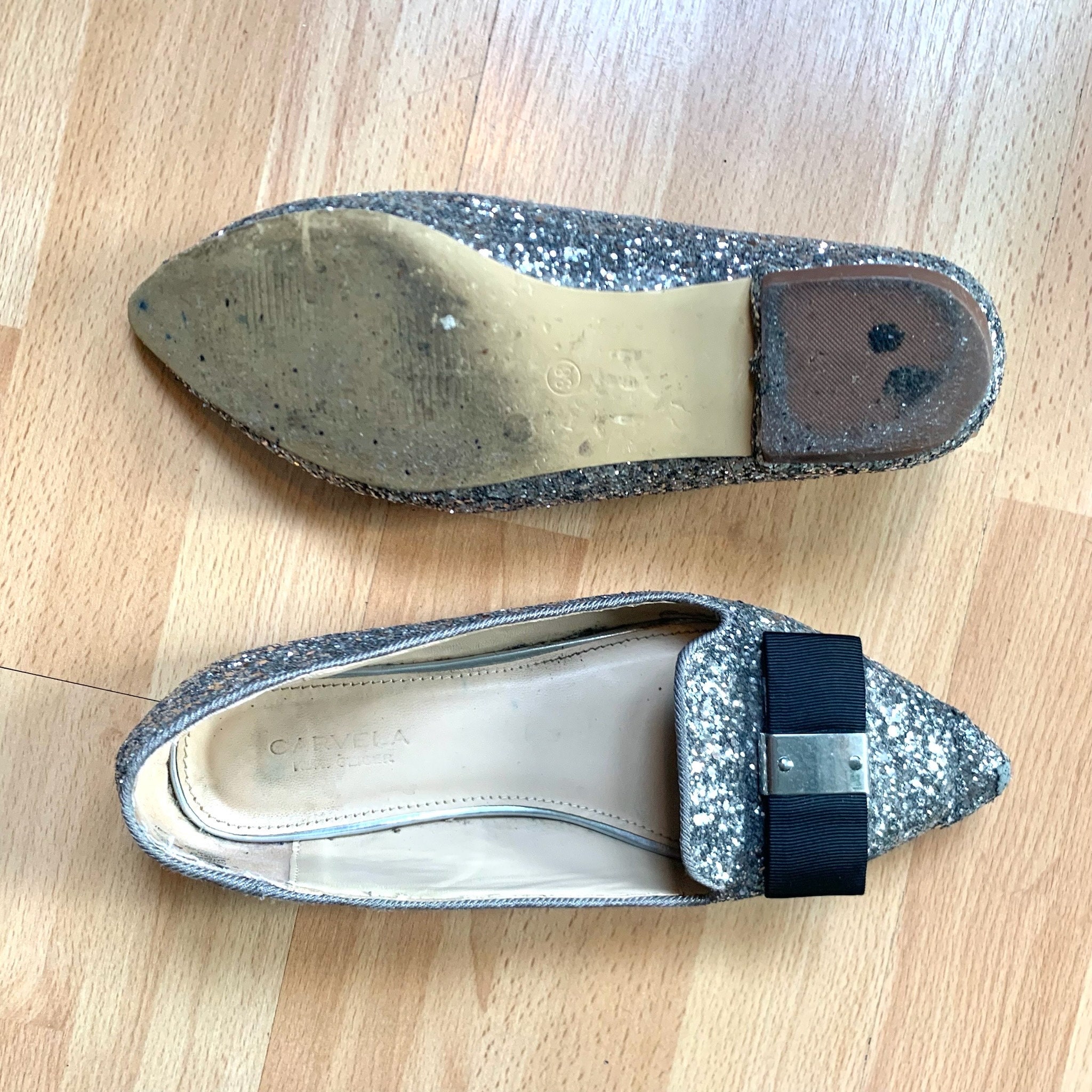 Preloved Carvela Kurt Geiger Leather Pointed Toe Flats With Silver Glitter Buckle and Ribbon Embellishments Etsy