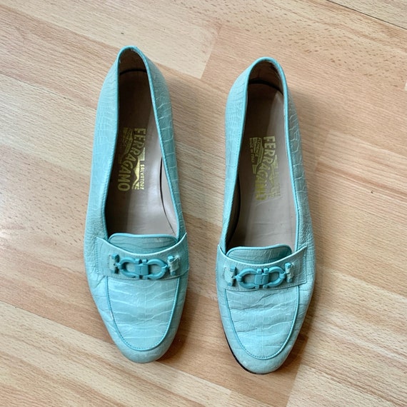 Pastel Mint Croc Print Ferragamo Loafers With Iconic Gancini  display picture 1