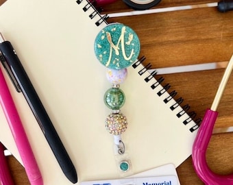 Interchangeable Badge Reel with Initial and glitter, Beaded badge Reel, Nurse badge Reel, Nurse gift, Retractable badge Reel, Student Badge