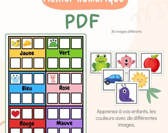 May include: A colorful educational PDF for children, featuring color-coded boxes with images and corresponding color names in French. Includes images of a frog, car, sun, and other objects. The text says "Learn colors with different images."
