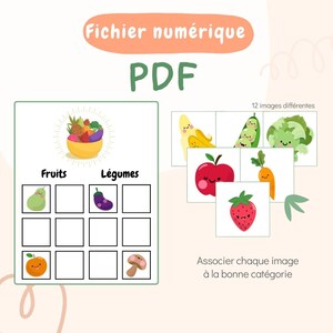 May include: A digital PDF educational game featuring fruits and vegetables. The game includes a grid with the words "Fruits" and "Vegetables" and several illustrated food items. The text "Associer chaque image à la bonne catégorie" is also present.