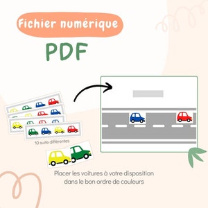 Puede incluir: Archivo PDF digital con ilustraciones de coches de colores. La imagen muestra una escena de carretera con coches y tarjetas con diferentes combinaciones de colores de coches. El texto dice "Fichier numérique PDF" y "Placer les voitures à votre disposition dans le bon ordre de couleurs."