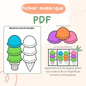 Puede incluir: Archivo PDF digital con ilustraciones de conos de helado coloridos. La imagen incluye texto en francés, con instrucciones para reproducir los conos de helado y aprender la lógica del color. Se muestran múltiples conos de helado en varios colores.