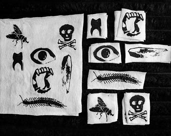 Mini Goth and Horror Fabric Patches • Skeleton • Tooth • Vampire • Eye • Bug • Screen Print