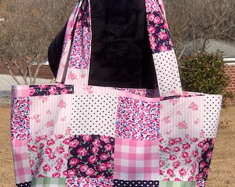 Navy and Pink Floral Patchwork Tote Bag