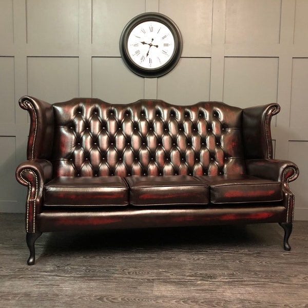 Handmade Chesterfield Wing Chair 3 Seat Sofa Oxblood Leather