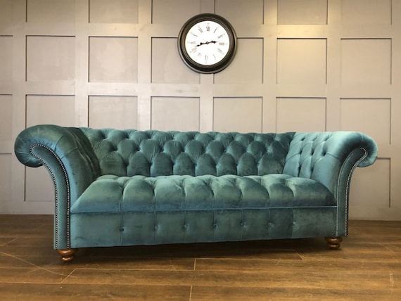 Handmade Chesterfield Sofa 3 Seat in Cambio Teal Plush Velvet