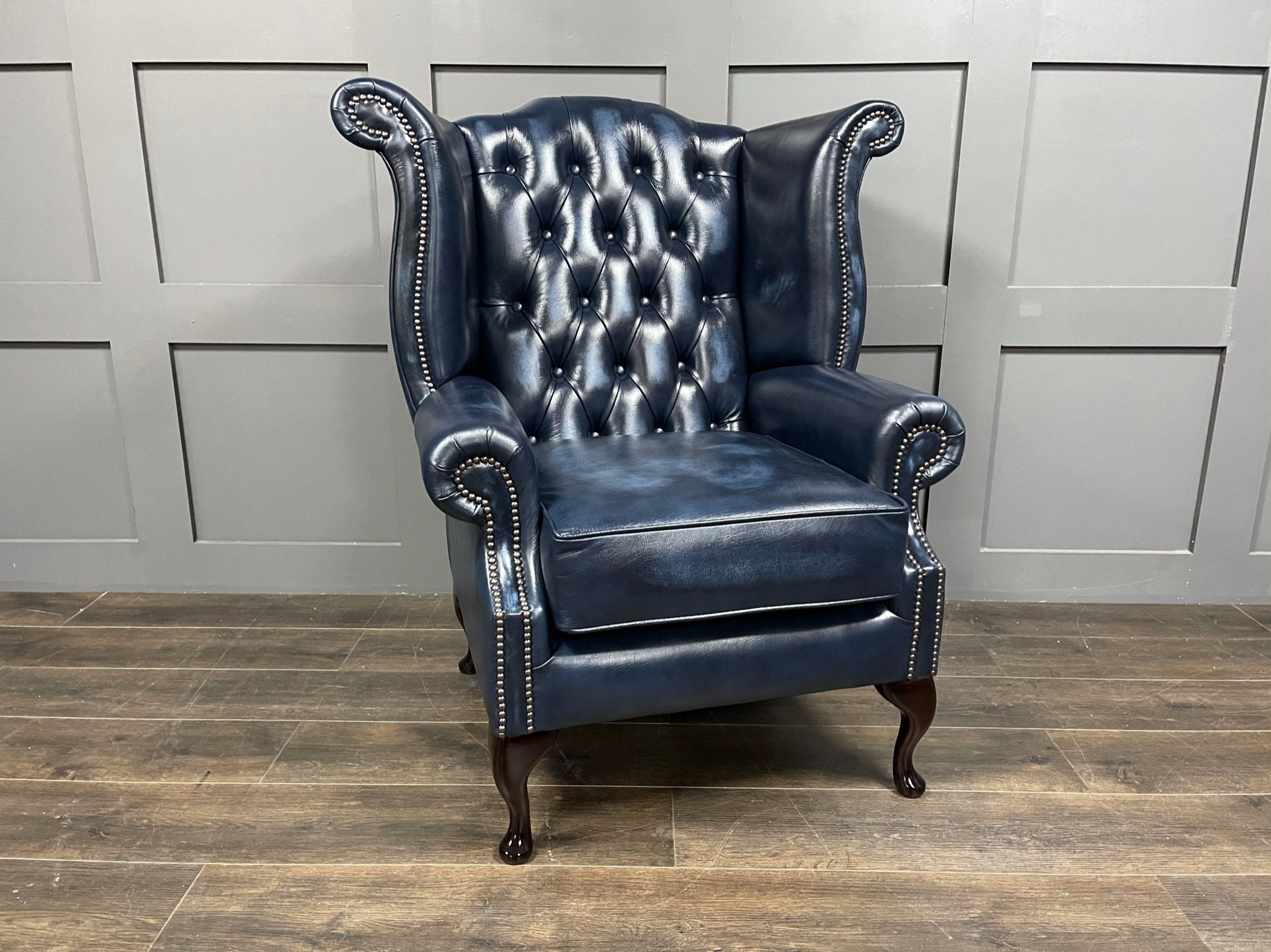 Handmade Chesterfield Wing Chair Antique Blue Leather Etsy UK