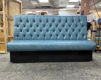 Buttoned Chesterfield Style Faux Leather Kitchen Booth Seating in Aqua Blue Premium Vintage Faux Leather