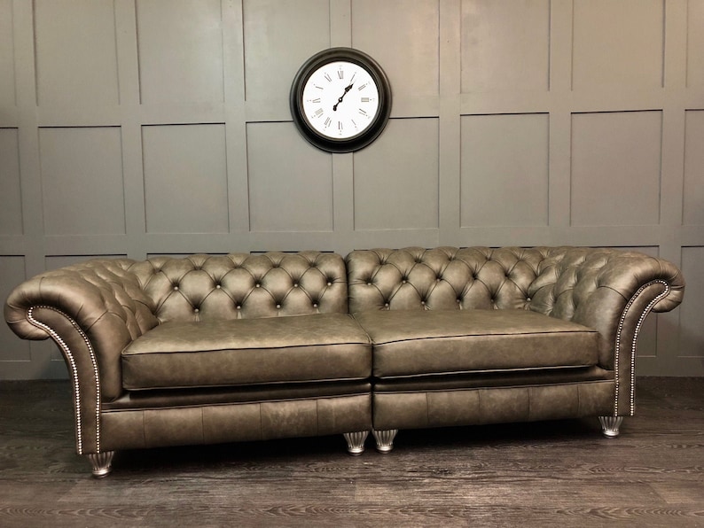 Split 4 Seater Chesterfield Sofa Grey Leather Etsy UK