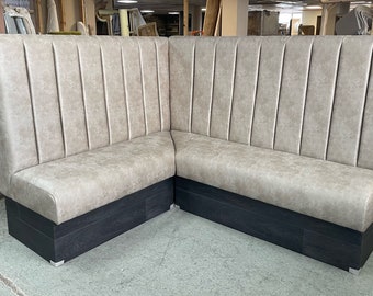 Vegan Modern Corner Banquette Booth Seating in Mink Suede Faux - available in any size and colour for restaurant or dining room.