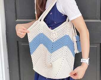 Tote Bags | Two-Tone Crochet | Made of Cotton Yarn | Minimal Vintage Idea for Daily Use | 100% Handmade