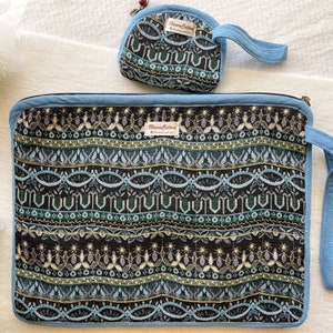 13in Limited Collection Laptop Sleeve YKK Zipper Notebook Quilted Bag plus a Small Purse Hand Sewing Made with Hand-Woven Cotton Ocean Blue coral