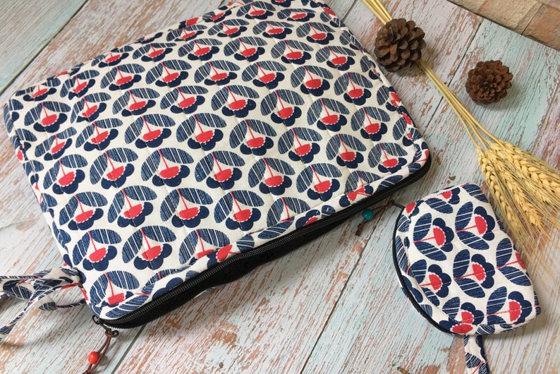 Limited Collection 13in Laptop Sleeve Notebook Quilted Bag plus a Small Purse Hand Sewing Made with Cotton for You and a Gift Navy Tulip