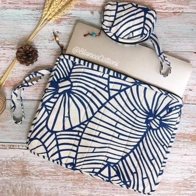 13in Laptop Sleeve| iPad Pro|Notebook Quilted Bag plus a Small Purse| Hand Sewing Made with Cotton| Indigo-Dyed Cotton for You and as a Gift 