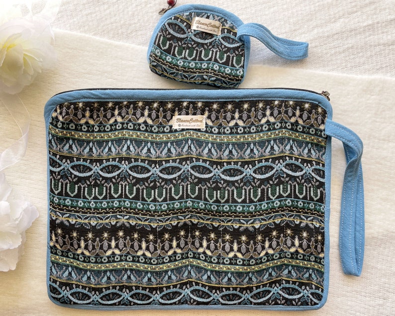 13in Limited Collection Laptop Sleeve YKK Zipper Notebook Quilted Bag plus a Small Purse Hand Sewing Made with Hand-Woven Cotton Ocean Blue coral