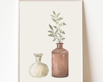 May include: A watercolor painting of a brown vase with a sprig of white flowers and green leaves, and a smaller, cream-colored vase.